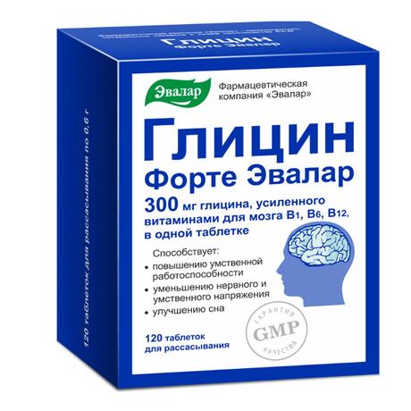 Фото Глицин форте Эвалар, таблетки для рассасывания 300 мг (масса 0,6 г), 120 шт.