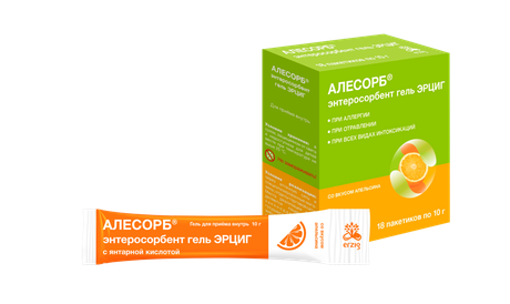 Фото Алесорб, энтеросорбент гель Эрциг+ (апельсин), пакетики 10 г, 18 шт.