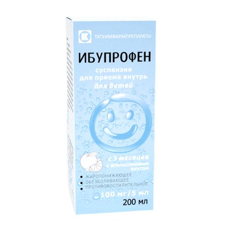 Фото Ибупрофен, суспензия для приема внутрь для детей апельсин 100 мг / 5 мл, флакон с мерной ложкой 200 мл