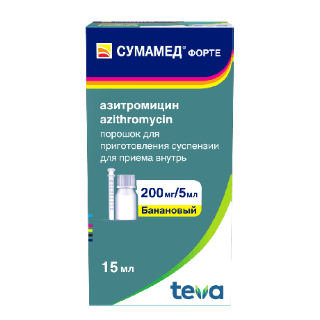 Фото Сумамед форте 200 мг/5 мл порошок для приготовления суспензии для приема внутрь, Банан, 15 мл