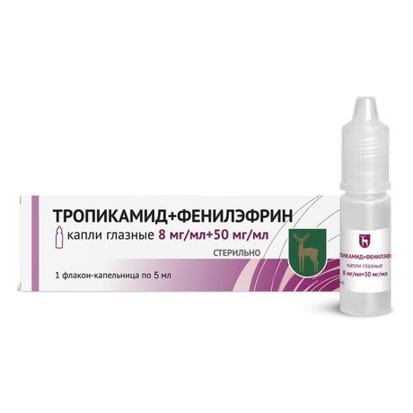 Фото Тропикамид+Фенилэфрин, капли глазные 8 мг/мл +50 мг/мл флакон/капельница 5 мл, 1 шт.