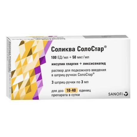 Фото Соликва Солостар, раствор для инъекций 100 ЕД/мл+50 мкг/мл, шприц-ручки 3 мл, 3 шт.