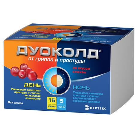 Фото Дуоколд, набор порошков для приг. раствора для приема вн. без сахара (клюква), день 5 г, 15 шт+ночь 5 г, 5 шт.