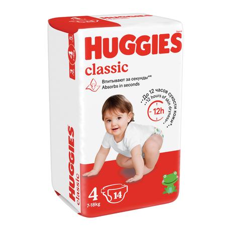 Фото Huggies Classic, подгузники для детей, 4 размер (7-18 кг), 14 шт.