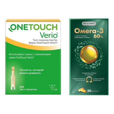 Фото Набор Тест-полоски One Touch Verio х100 и Омега-3 60%, BioForte капс 1300мг х30