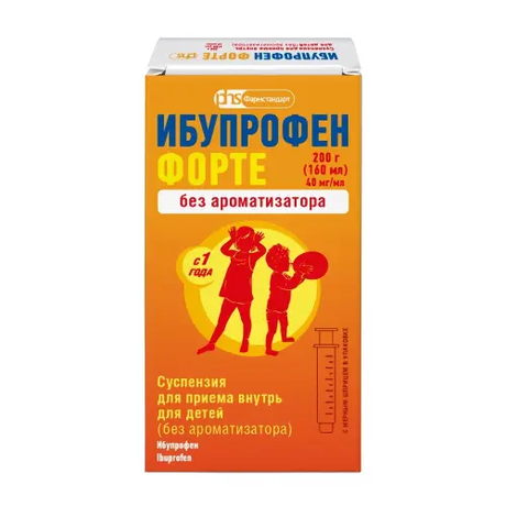 Фото Ибупрофен Форте, суспензия для внутреннего применения для детей (без аромата) 40 мг/мл флакон (с мерным шприцем), 200 г (160 мл)