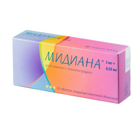 Фото Мидиана, таблетки покрытые пленочной оболочкой 3 мг+30 мкг, 63 шт.