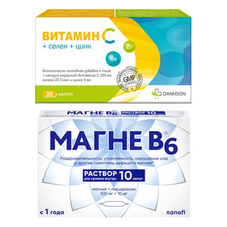 Фото Набор Магне В6 р-р 10мл х10 и Витамин С+Селен+Цинк капс х30