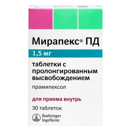 Фото Мирапекс ПД, таблетки с пролонгированным высвобождением 1,5 мг, 30 шт.