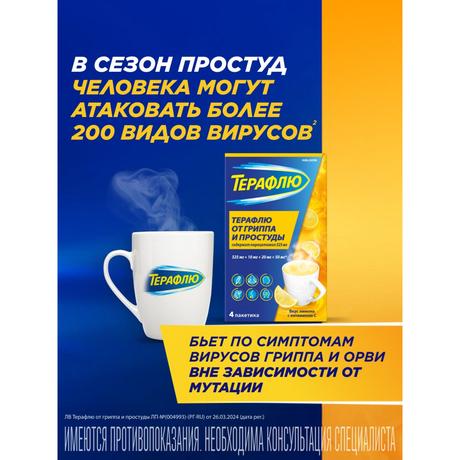 Фото ТераФлю, жаропонижающее обезболивающее средство от симптомов гриппа и простуды, 4 шт.