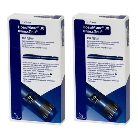 Фото Набор 2уп НовоМикс 30 ФлексПен сусп д/подкож введ 100МЕ/мл 3мл шприц х5