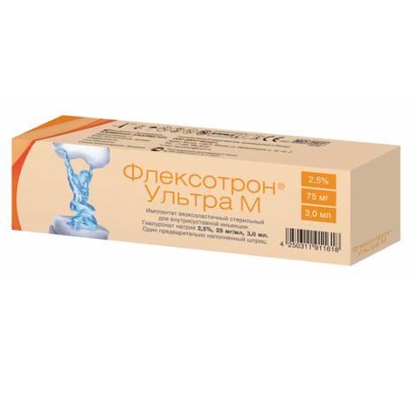 Фото Флексотрон Ультра М, имплантат раствор для внутрисуставых инъекций 2,5 % 25 мг/мл 3 мл, 1 шт.