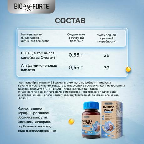 Фото Масло льняное BioForte, капсулы банка, 100 шт.