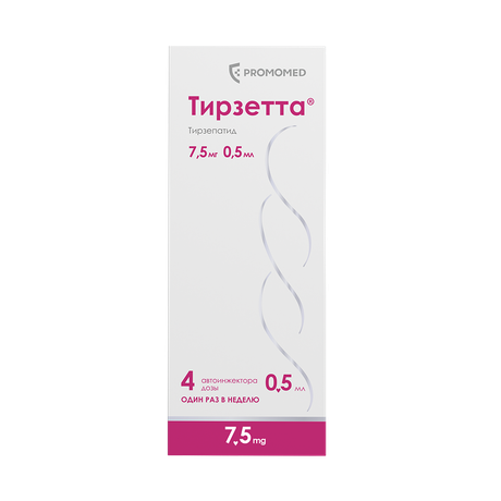 Фото Тирзетта, раствор для подкожного введения 7.5 мг, шприцы в автоинжекторах 0.5 мл, 4 шт.