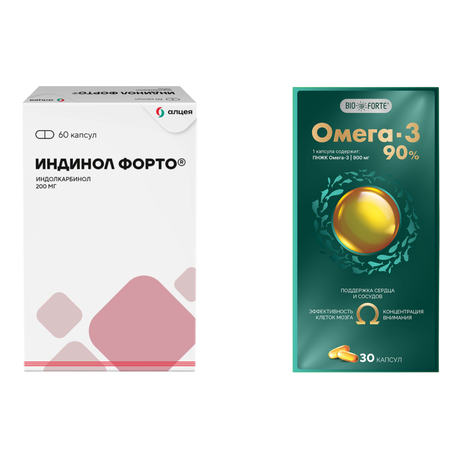 Фото Набор Индинол Форто капс 200мг х60 и Омега-3 90% BioForte капс 1300мг х30