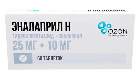 Фото Эналаприл Н, таблетки 25 мг+10 мг, 60 шт.
