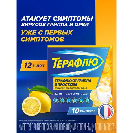 Фото ТераФлю, жаропонижающее обезболивающее средство от симптомов гриппа и простуды, 10 шт.