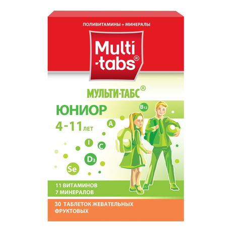 Фото Мульти-табс Юниор витаминно-минеральный комплекс для поддержки роста и развития для детей 4-11 лет (фрукты), 30 шт.
