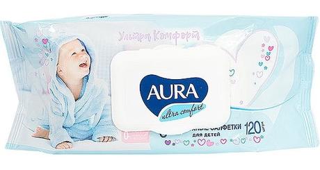 Фото Aura Ultra Comfort, салфетки влажные для детей с экстрактом алоэ и витамином Е, 120 шт.