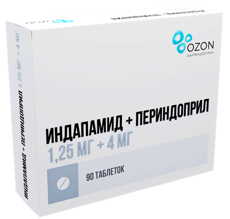 Фото Индапамид+Периндоприл, таблетки 1.25 мг+4 мг, 90 шт.