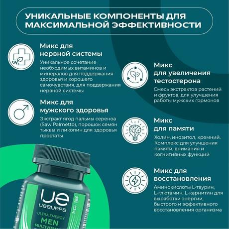 Фото UESUPPS Ультра Энерджи Мен Мультивитамин Формула, таблетки, 60 шт.