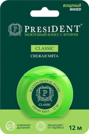 Фото Президент Классик, нить зубная вощеная с фтором (мята), 12 м