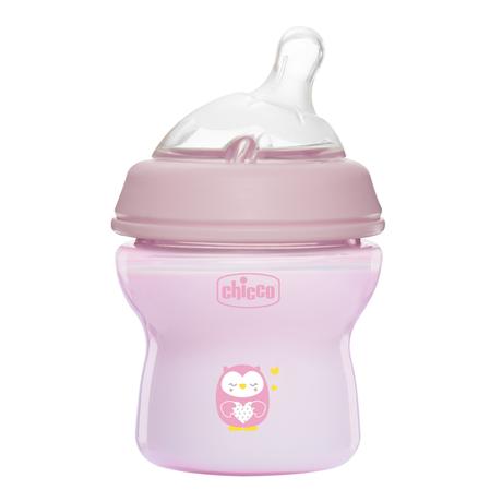Фото  Chicco Natural Feeling, бутылочка с силиконовой соской с наклоном и флексорами (розовая), 0 мес+, 50 мл