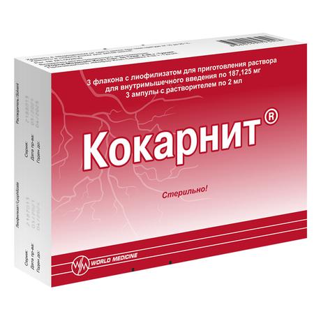 Фото Кокарнит, лиофилизат 187,125 мг, ампулы, 3 шт. (+растворитель лидокаин 0,5%, ампулы 2 мл, 3 шт.)