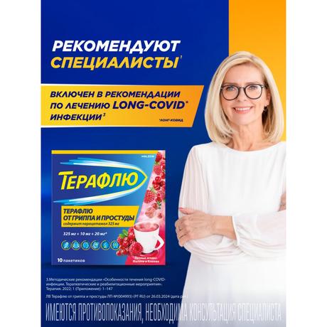 Фото ТераФлю, жаропонижающее обезболивающее средство от симптомов гиппа и простуды, 10 шт.