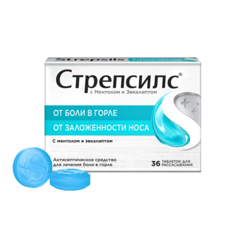 Фото Стрепсилс, таблетки для рассасывания (ментол-эвкалипт), 36 шт.