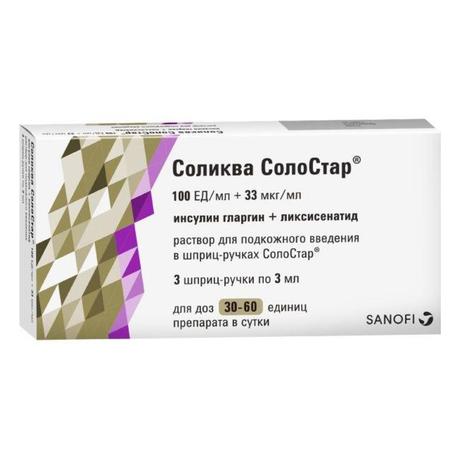 Фото Соликва Солостар, раствор для инъекций 100 ЕД+33 мкг/мл, шприц-ручки 3 мл, 3 шт.