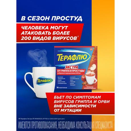 Фото ТераФлю Экстра со вкусом яблока и корицы жаропонижающее обезболивающее средство от симптомов гриппа и простуды, 10 шт.