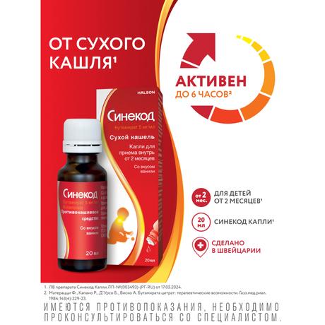 Фото Синекод 5 мг/мл, капли для приема внутрь для детей 20 мл, 1 шт.