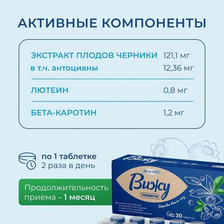 Фото Витамины для глаз Вижу Премиум BioForte Экстракт плодов черники с лютеином, таблетки 400 мг, 30 шт.