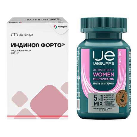 Фото Набор Индинол Форто х60 и UESUPPS Ультра Энерджи Вимен, Мультивитамин Формула x30