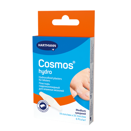 Фото Хартманн Cosmos Hydro, пластырь гидроколлоидный для влажных мозолей средний 19 мм х 55 мм, 6 шт.