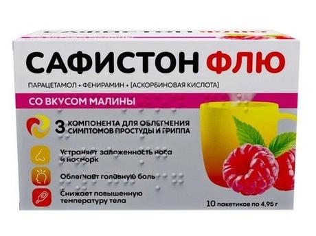 Фото Сафистон Флю порошок для приготовления раствора для приема внутрь [малина] 500 мг+25 мг+200 мг 4,95 г №10