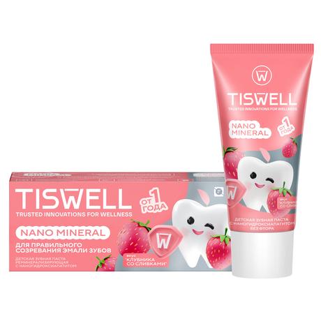 Фото TISWELL зубная паста для детей 1+ реминерализирующая с наногидроксиапатитом (клубника со сливками, без фтора) 60 г, 1 шт.