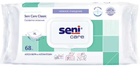Фото Seni Care Classic, салфетки влажные (алоэ вера и аллантоин), 68 шт.