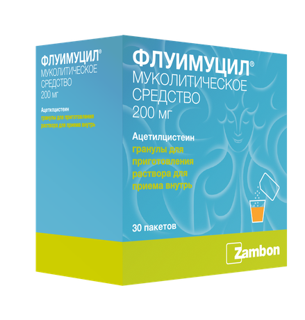 Фото Флуимуцил, гранулы для приготовления раствора для приема внутрь 200 мг, саше 1 г, 30 шт.