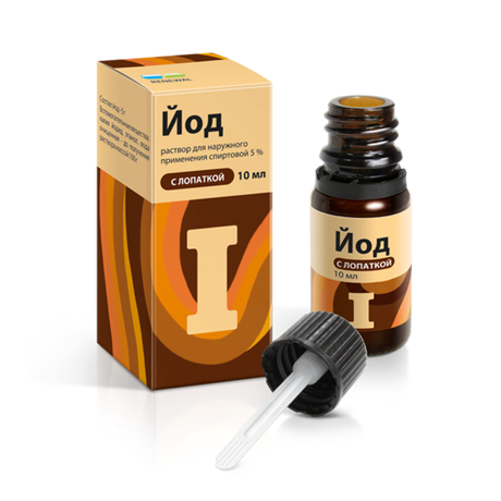 Фото Йод 5%, раствор спиртовой, флакон с лопаткой, 10 мл