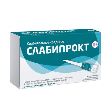 Фото Слабипрокт, раствор ректальный 9 мг/мл +90 мг/мл +625 мг/мл микроклизмы 5 мл, 4 шт.