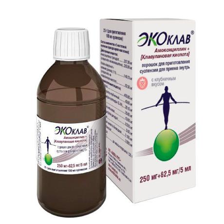 Фото Экоклав, порошок д/приг. суспензии для внутреннего применения (клубника) 250 мг+62,5 мг/5 мл, флакон 25 г 