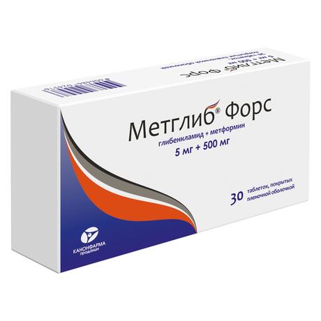 Фото Метглиб Форс, таблетки покрыт. плен. об. 5 мг+500 мг, 30 шт.