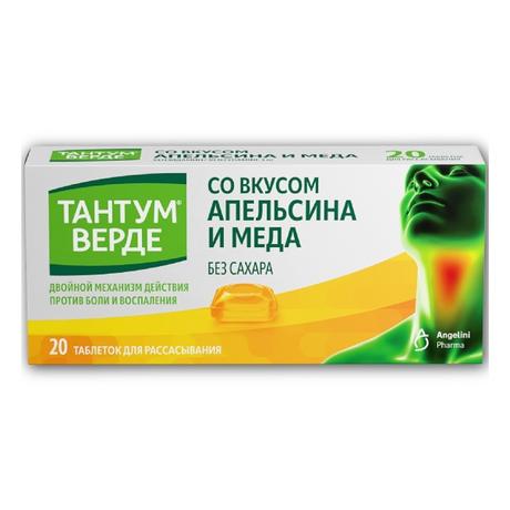 Фото Тантум Верде, таблетки для рассасывания (мед-апельсин), 20 шт.