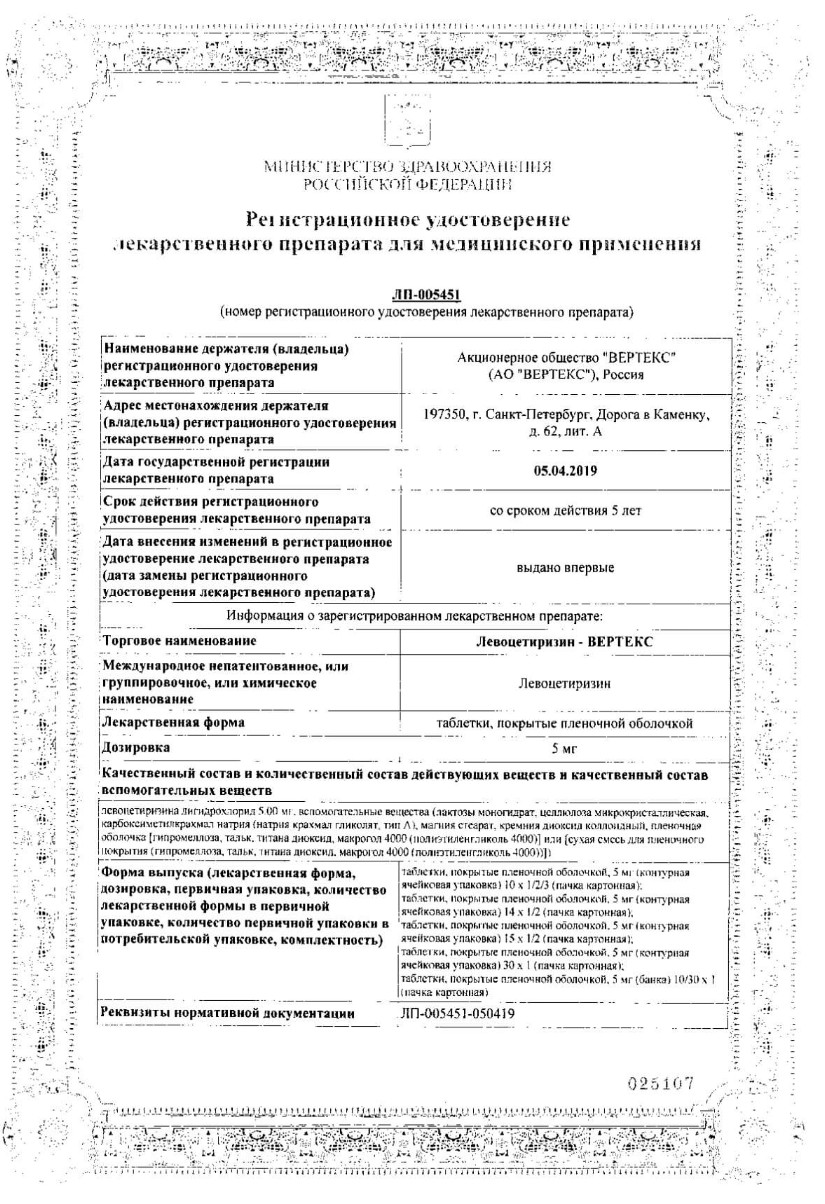 Сертификат Левоцетиризин Сертификат Левоцетиризин