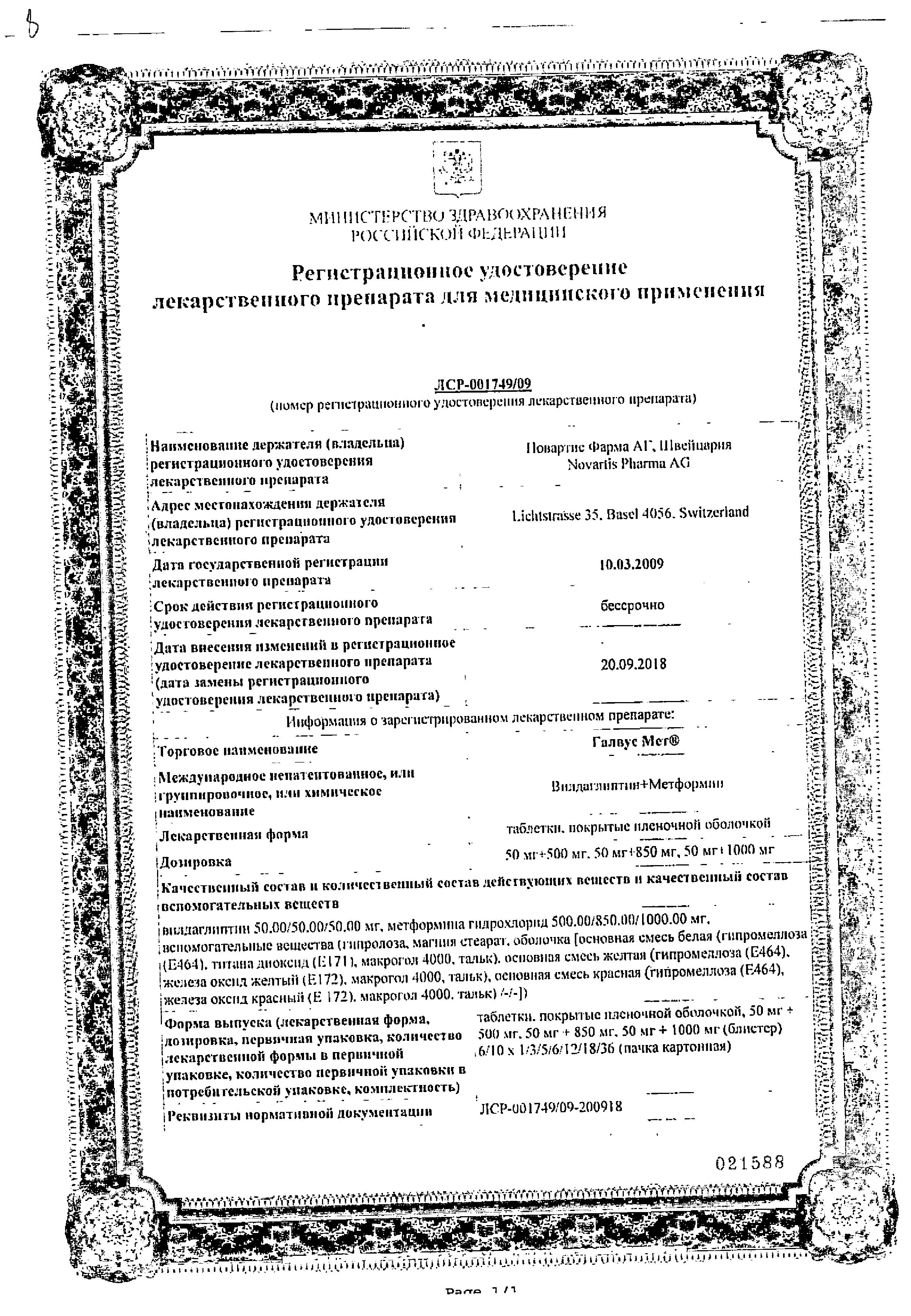 Сертификат Галвус Мет Сертификат Галвус Мет