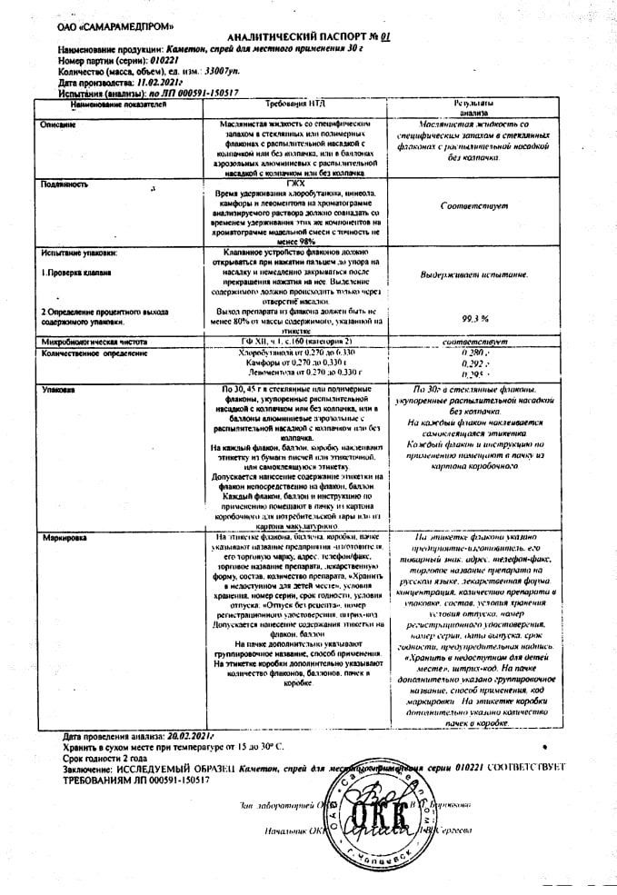 Сертификат Каметон Сертификат Каметон