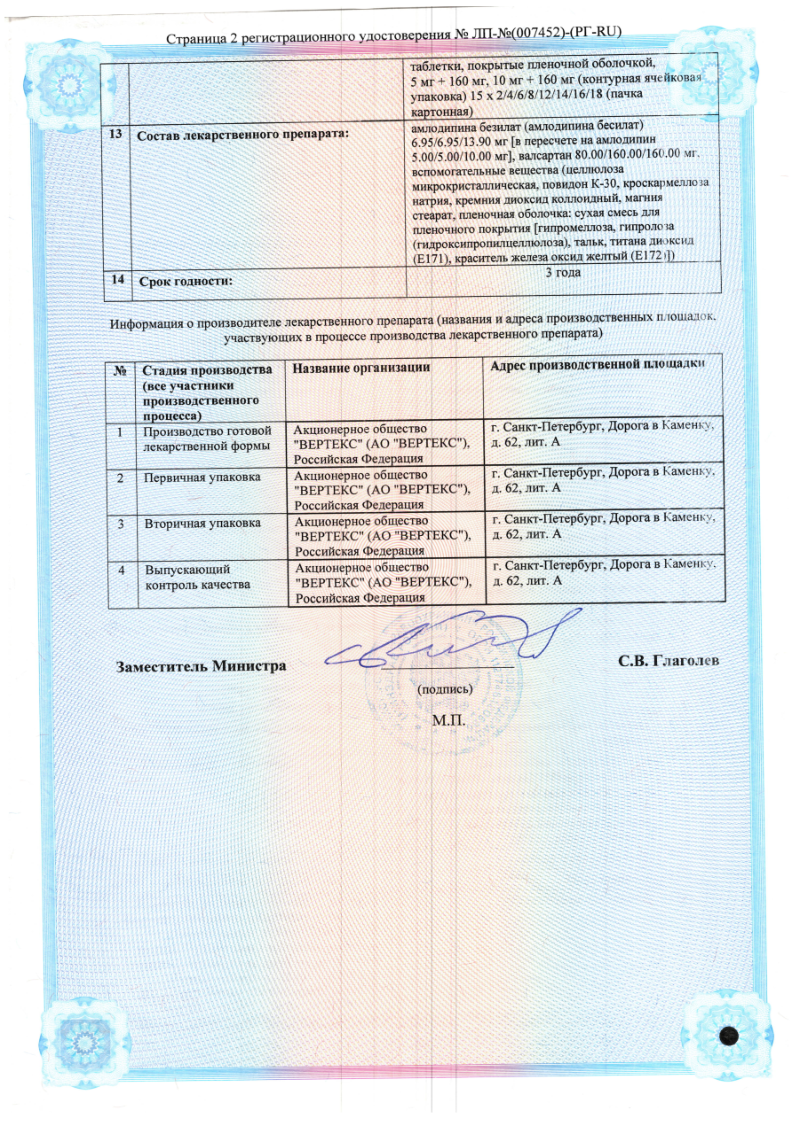 Сертификат на Амлодипин+Валсартан Вертекс, таблетки покрыт. плен. об. 5 мг +80 мг, 60 шт.