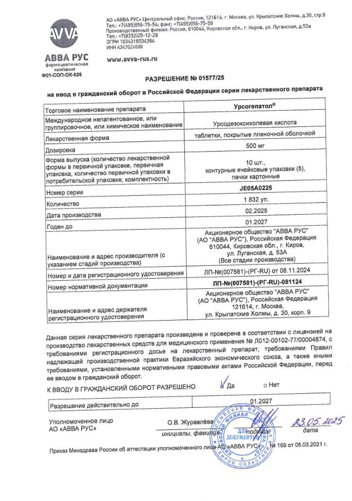 Сертификат Урсогепатол Сертификат Урсогепатол